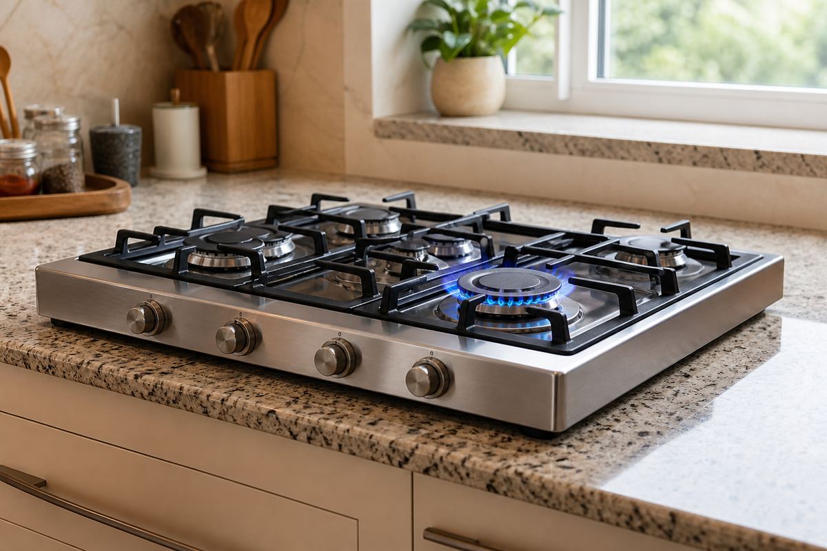Four-burner gas stove on a kitchen counter
