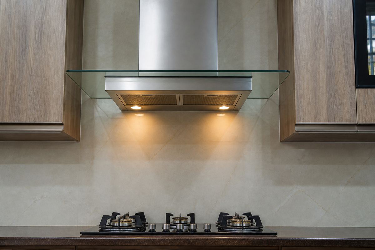 Kitchen chimney hood above a cooktop